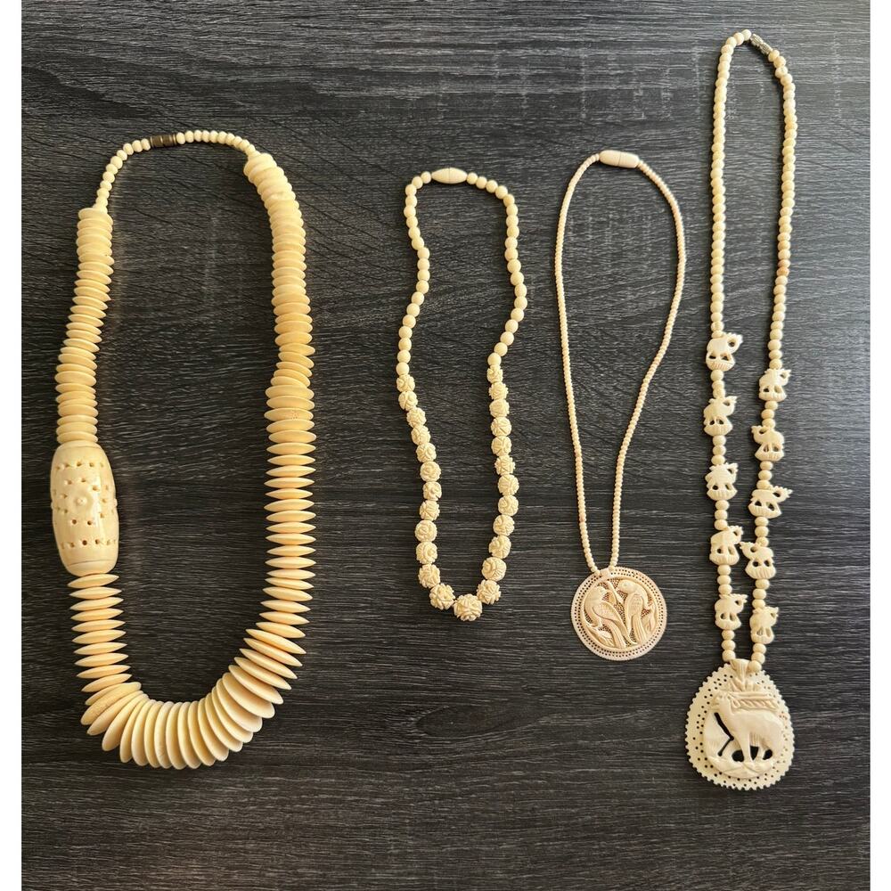 Vintage Hand Carved Cream Tone Lot Of 4 Necklaces